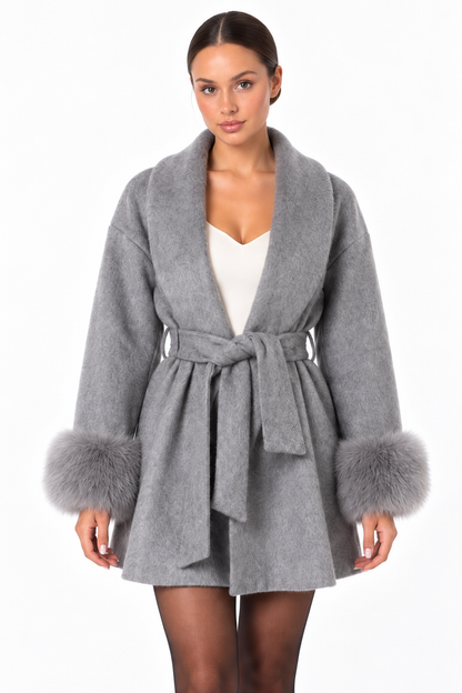 Belted Short Coat with Fur Cuffs – Grey