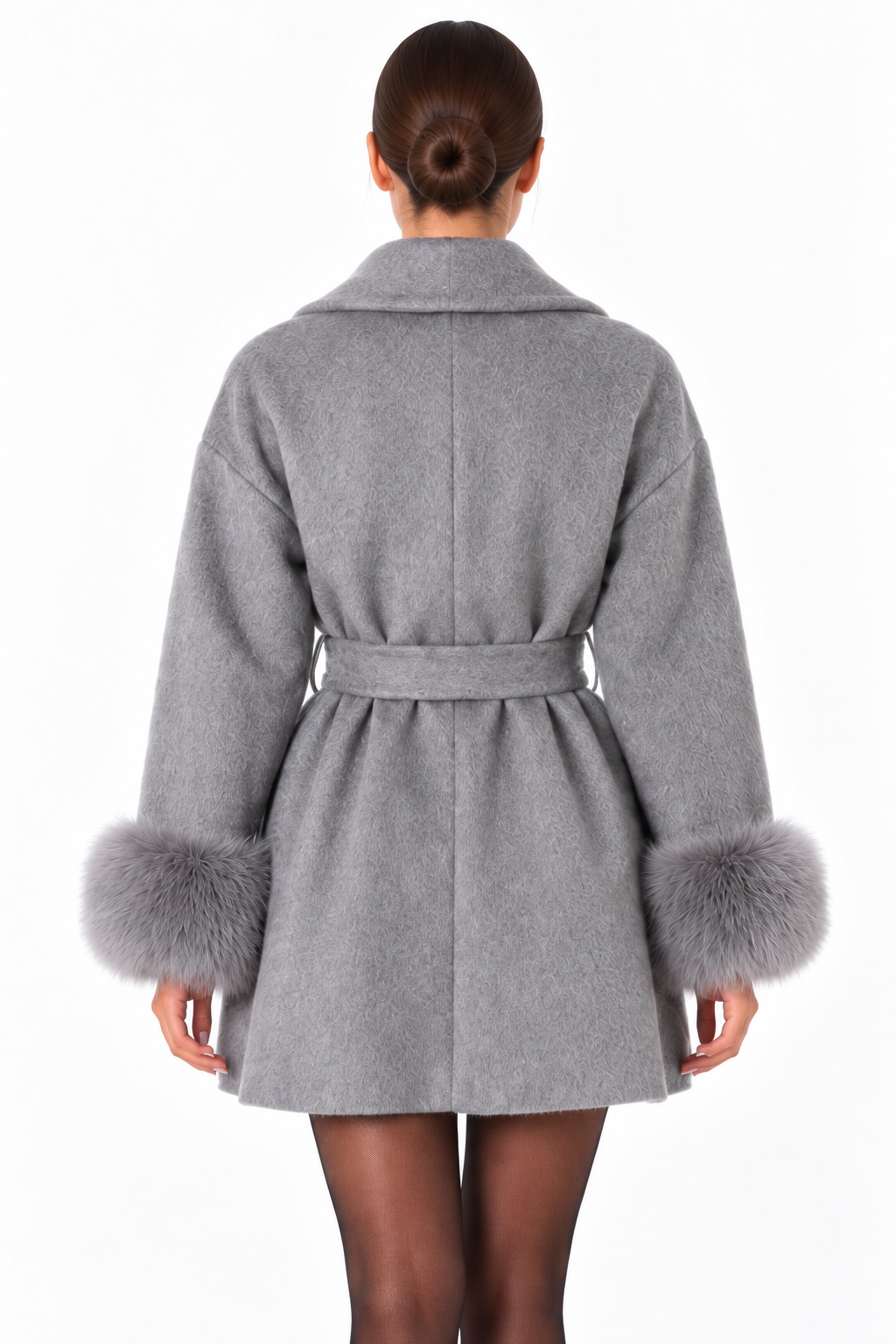 Belted Short Coat with Fur Cuffs – Grey