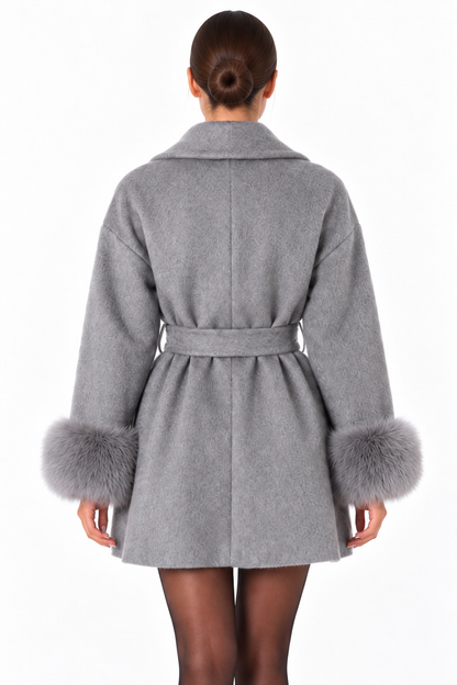 Belted Short Coat with Fur Cuffs – Grey