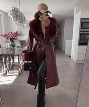 Ledermantel Hillary mit Felldetails Weinrot