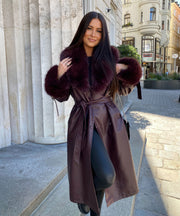 Ledermantel Hillary mit Felldetails Weinrot