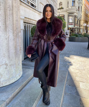 Ledermantel Hillary mit Felldetails Weinrot