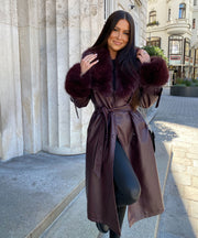 Ledermantel Hillary mit Felldetails Weinrot
